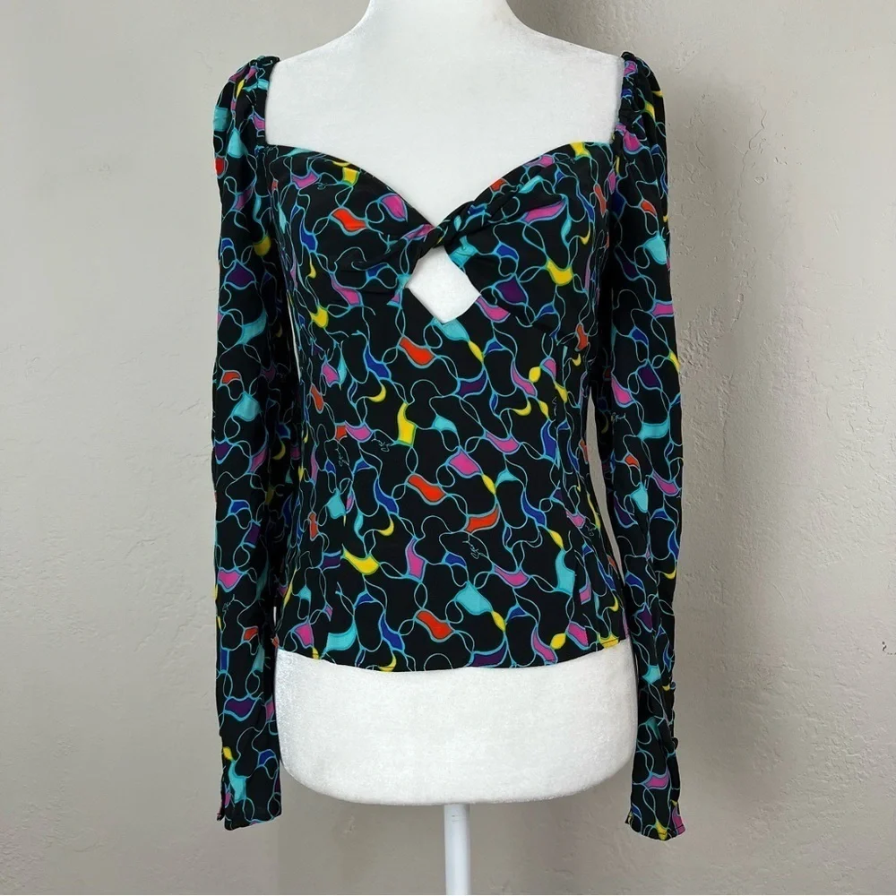 Staud Josephine Black Printed Multicolor Crepe Long Sleeve Sweetheart Top Size 2